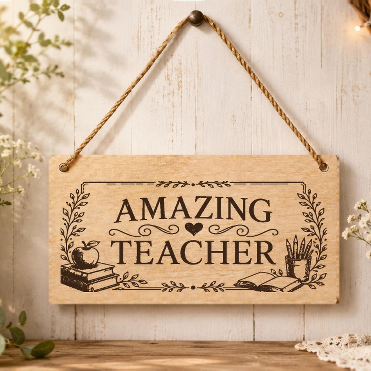 Amazing Teacher wooden thank you plaque displayed in a classroom-style setting