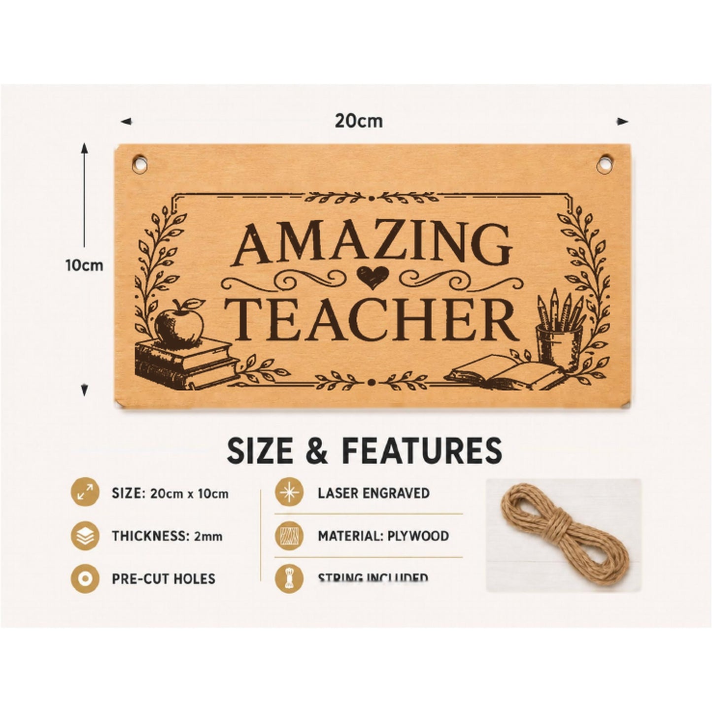 Amazing Teacher plaque showing 20 x 10 cm size and product features