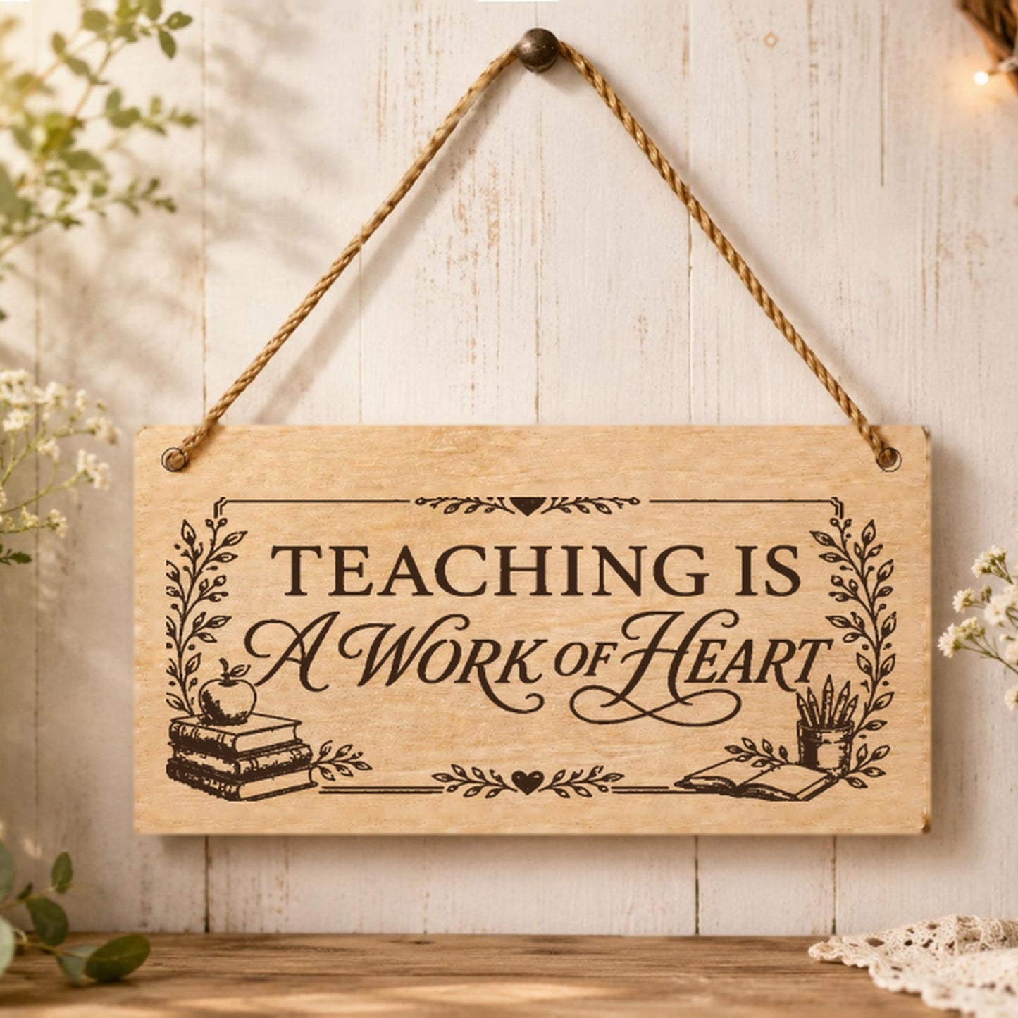 Teaching Is a Work of Heart plaque displayed in a classroom setting