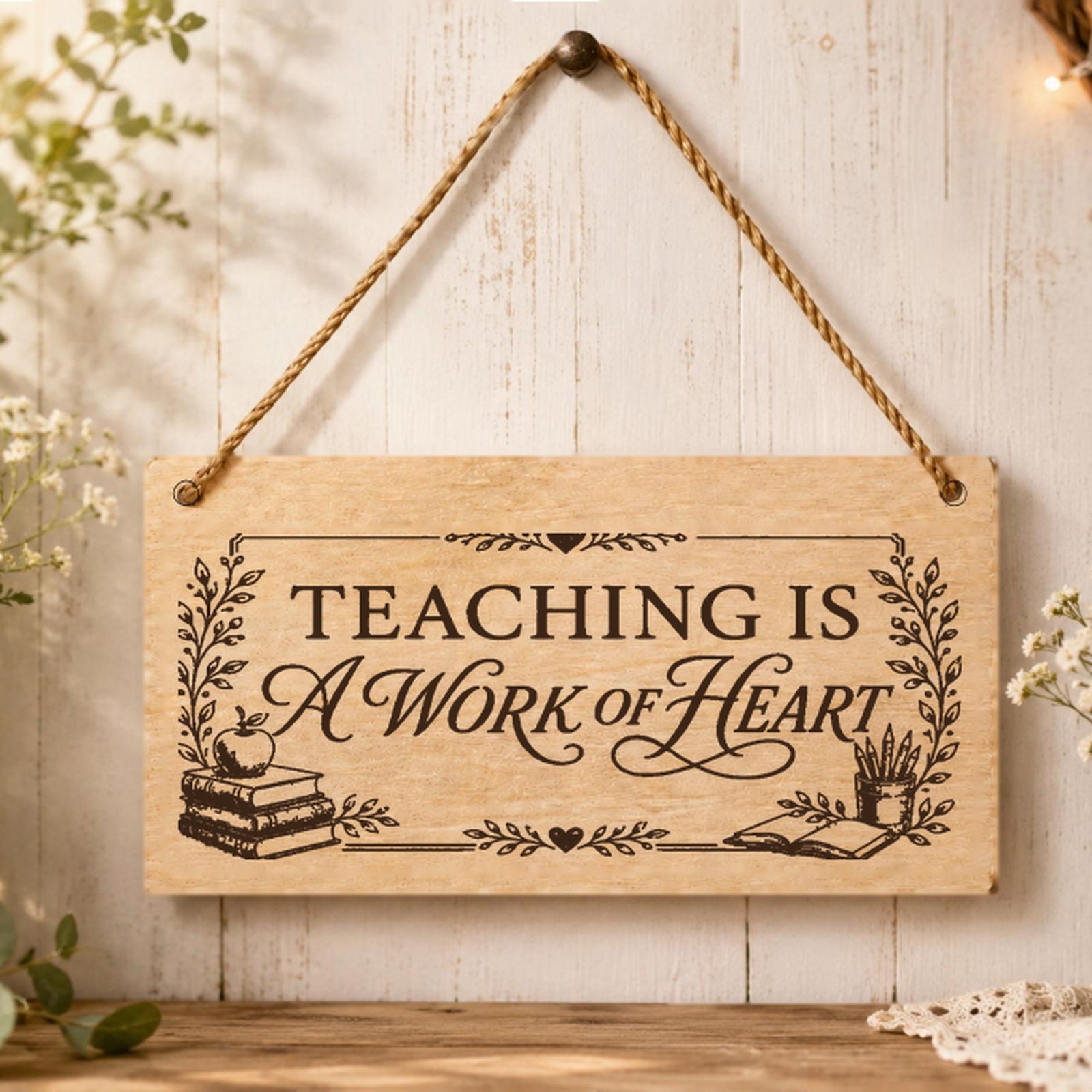 Teaching Is a Work of Heart plaque displayed in a classroom setting