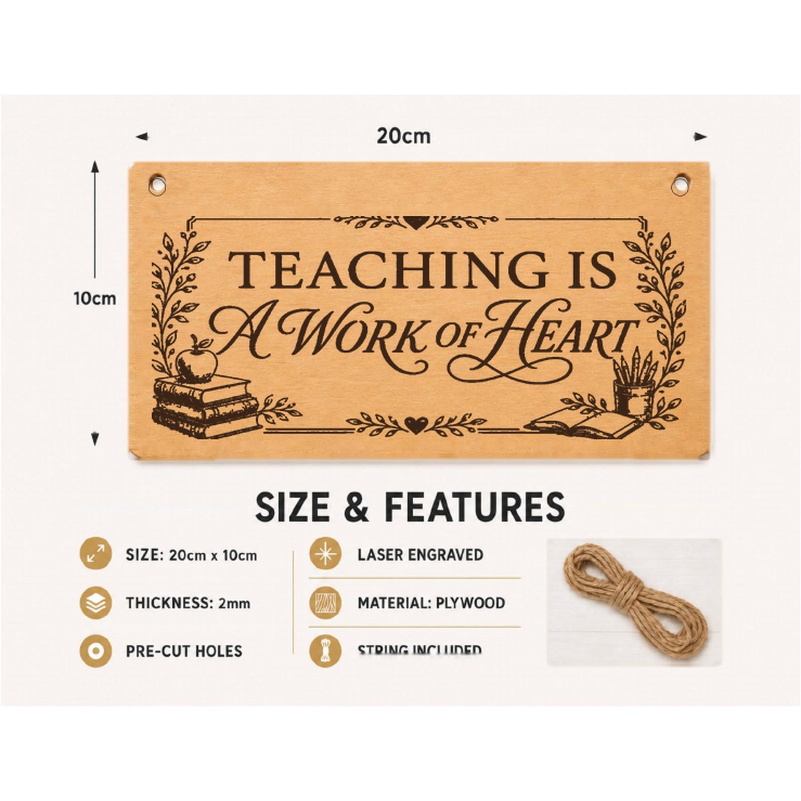 Teaching Is a Work of Heart plaque showing 20 x 10 cm size and product features