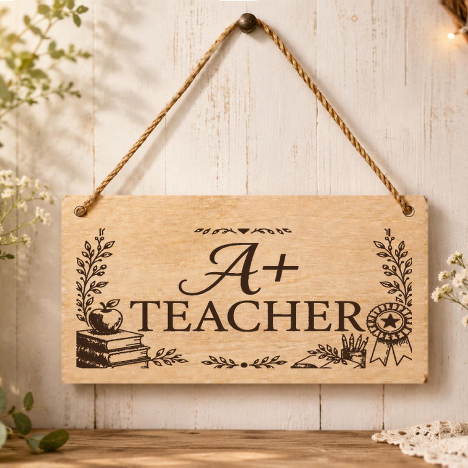 A+ Teacher wooden thank you plaque displayed in a classroom-style setting