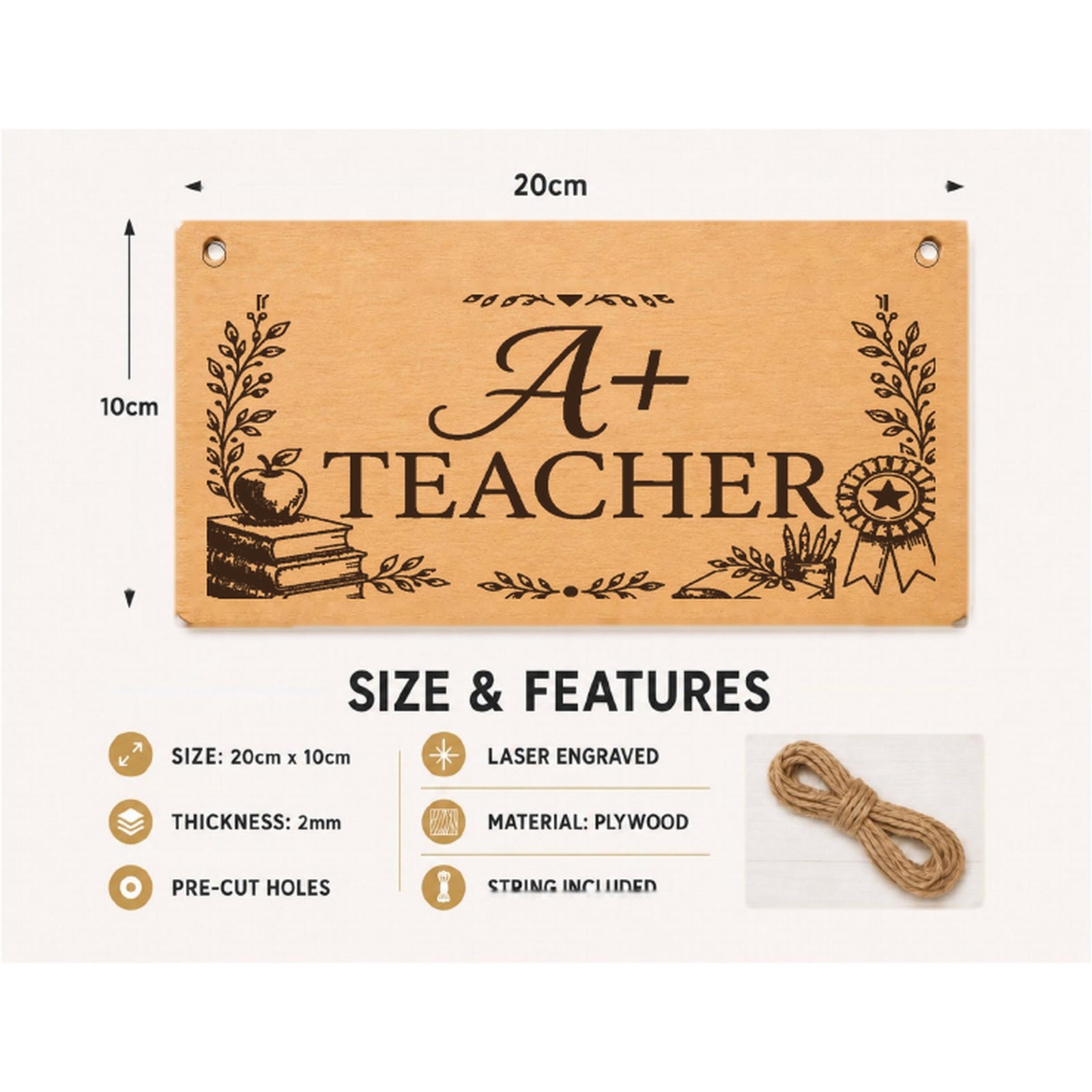 A+ Teacher plaque showing 20 x 10 cm size and product features