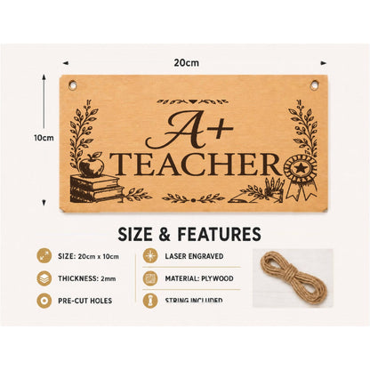 A+ Teacher plaque showing 20 x 10 cm size and product features
