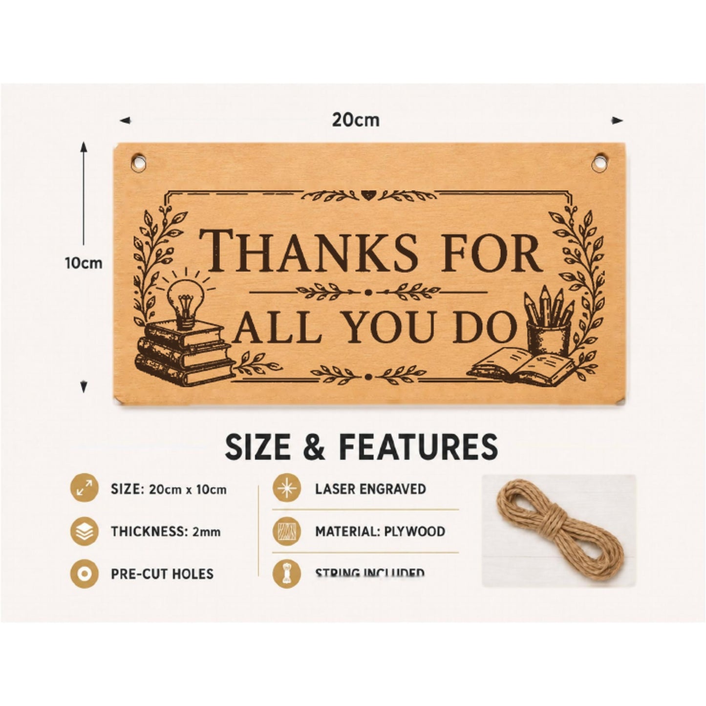 Thanks for All You Do plaque showing 20 x 10 cm size and product features