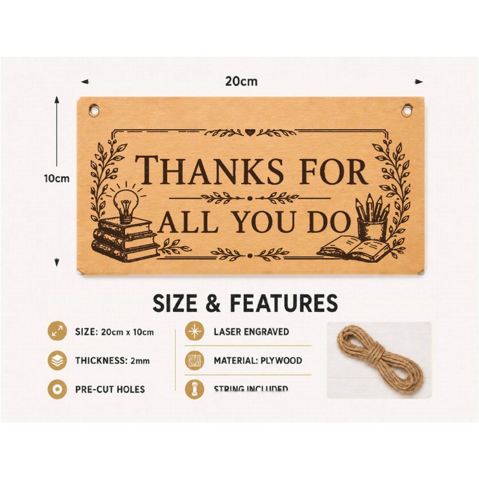 Thanks for All You Do plaque showing 20 x 10 cm size and product features
