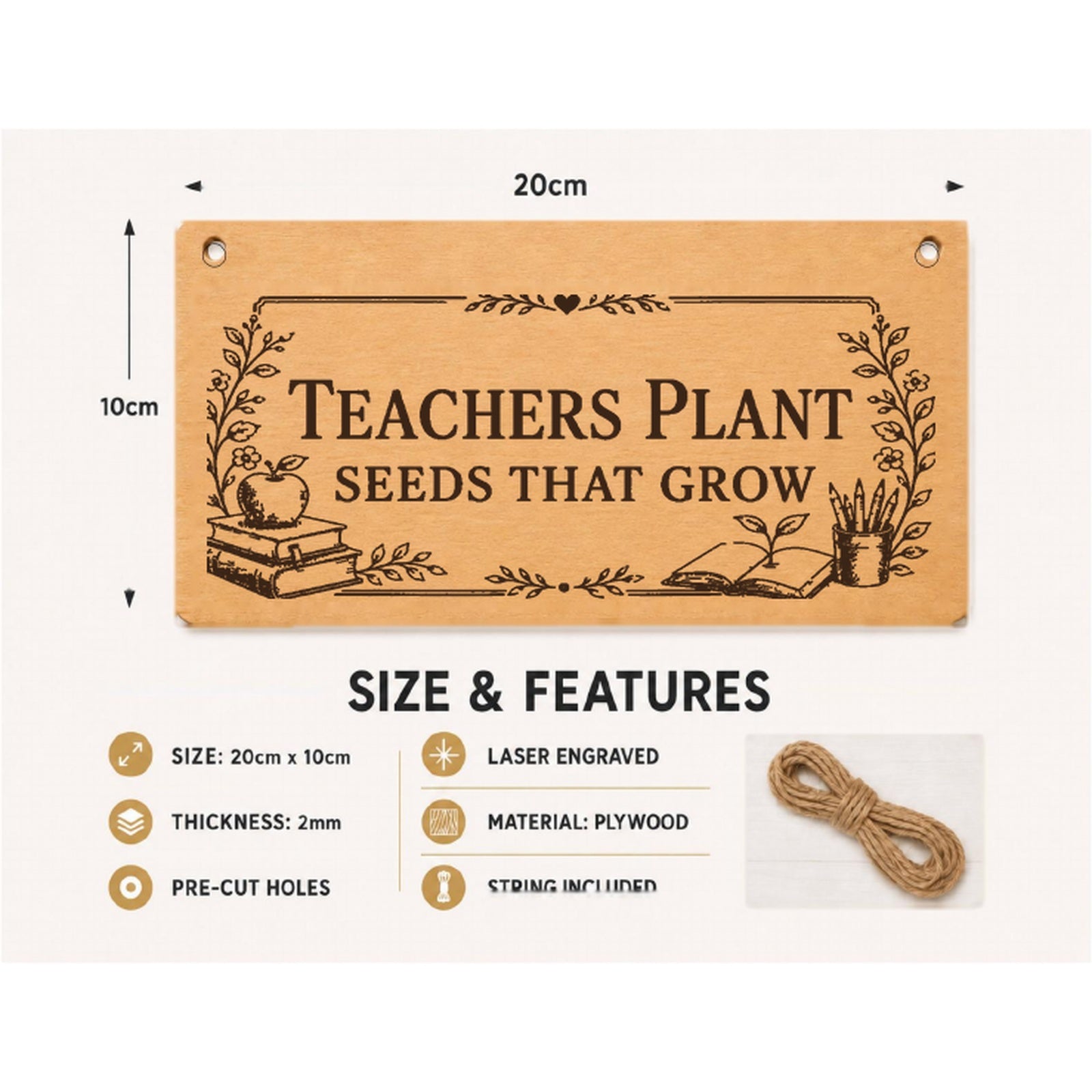 Teachers Plant Seeds That Grow plaque showing 20 x 10 cm size and product features