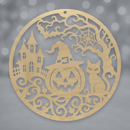 613, Witch, Pumpkin & Cat, round plaque