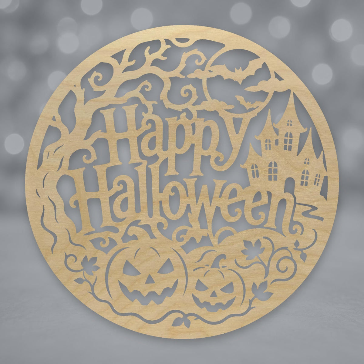 615, Haunted House & Pumpkins, round plaque