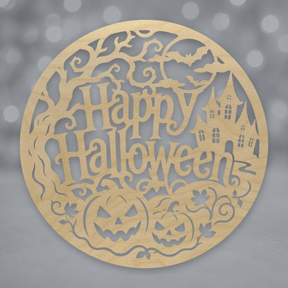 615, Haunted House & Pumpkins, round plaque