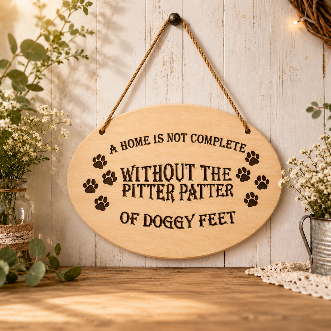 A Home Is Not Complete Without Doggy Feet plaque displayed in a home setting