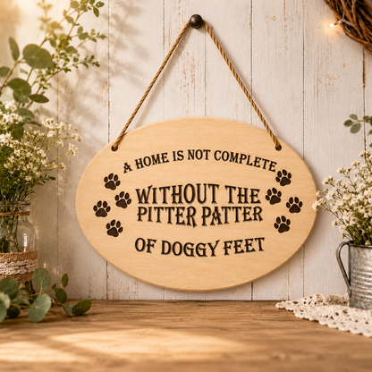 A Home Is Not Complete Without Doggy Feet plaque displayed in a home setting