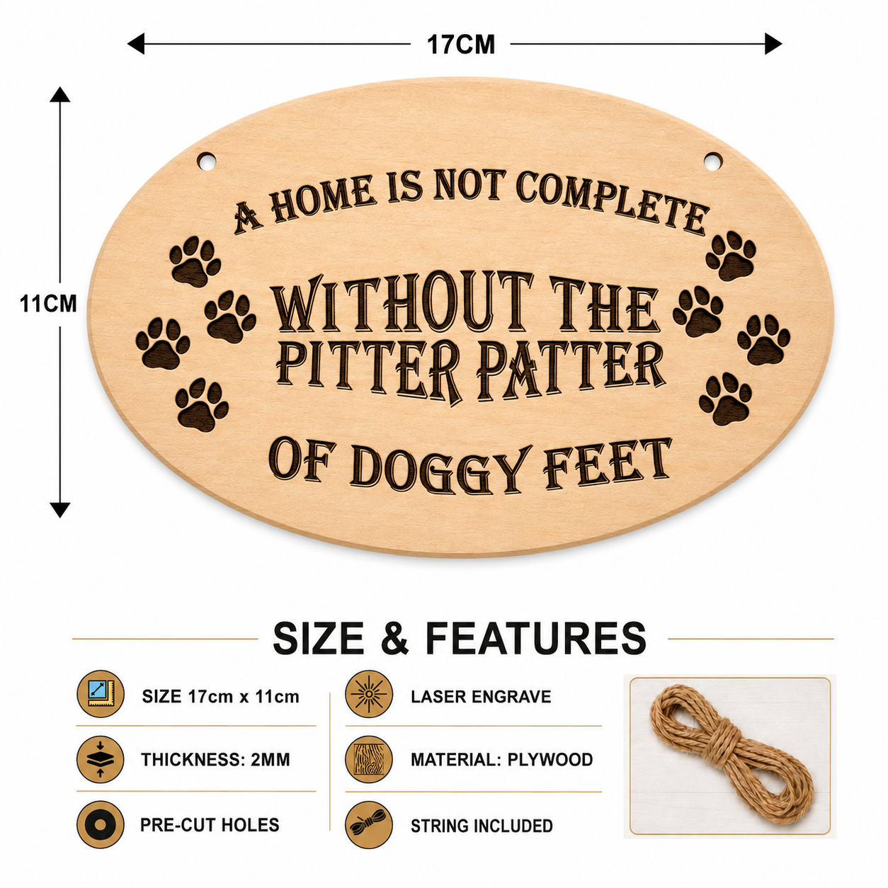 A Home Is Not Complete Without Doggy Feet oval plaque showing size and product features
