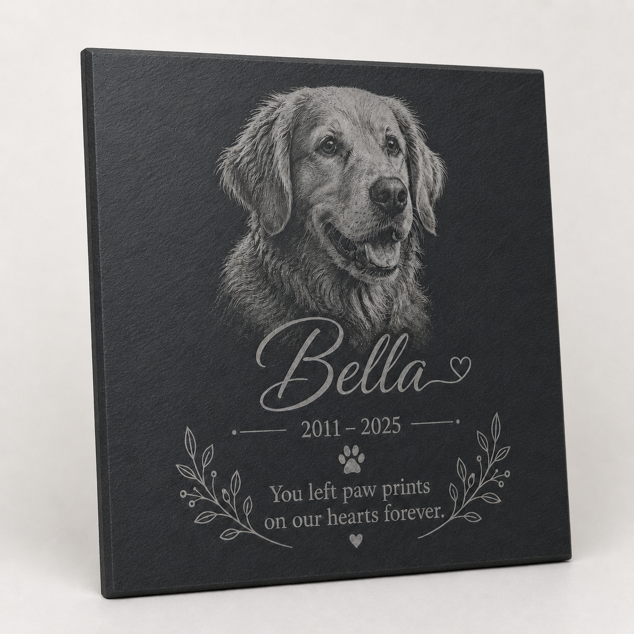 Personalised pet memorial slate plaque with engraved dog photo, name, dates and remembrance message