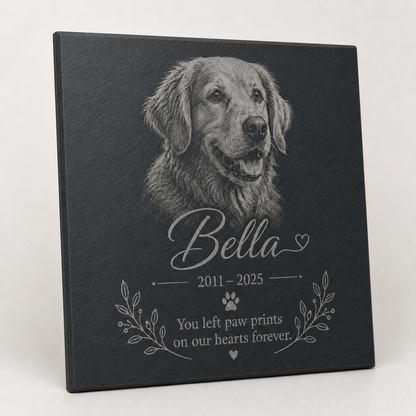 Personalised pet memorial slate plaque with engraved dog photo, name, dates and remembrance message