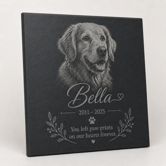 Personalised pet memorial slate plaque with engraved dog photo, name, dates and remembrance message
