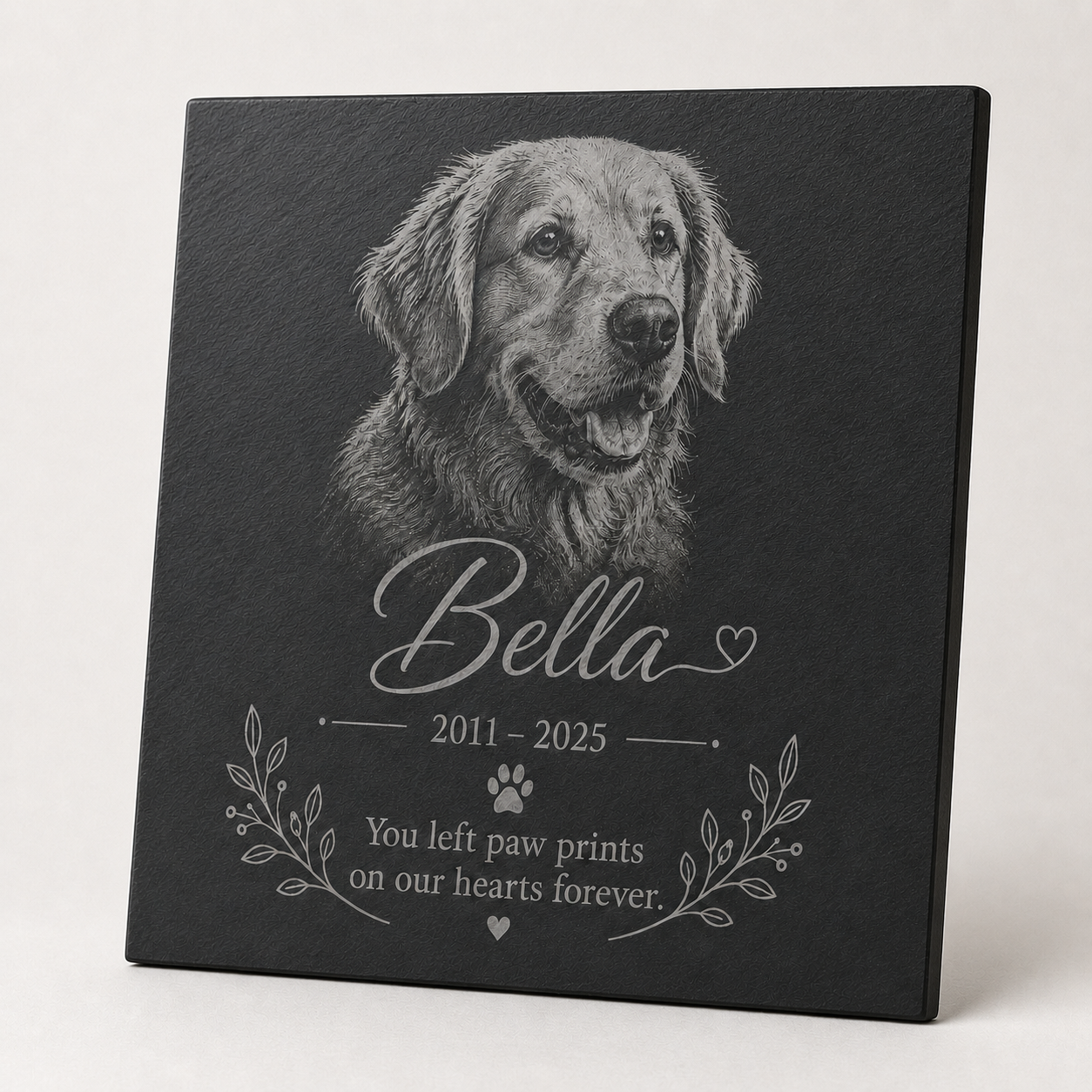 25cm personalised pet memorial slate plaque showing custom photo and wording