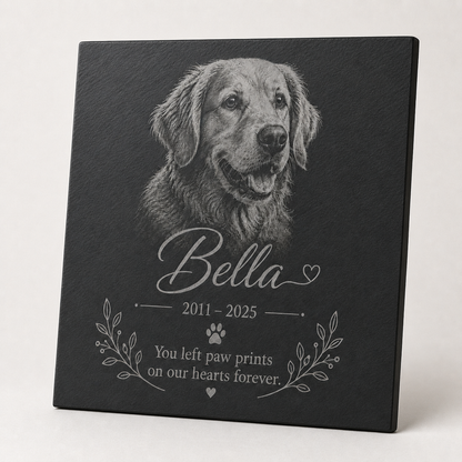 25cm personalised pet memorial slate plaque showing custom photo and wording