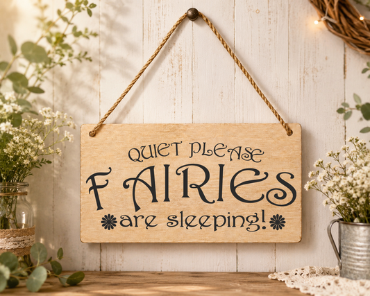 Quiet Please Fairies Are Sleeping Laser Engraved Wooden Plaque – Hanging Sign 20cm x 10cm