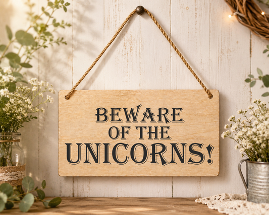 Beware Of The Unicorns Laser Engraved Wooden Plaque – Funny Hanging Sign 20cm x 10cm