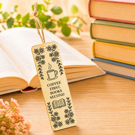 Coffee First Books Second Handmade Laser Engraved Bookmark