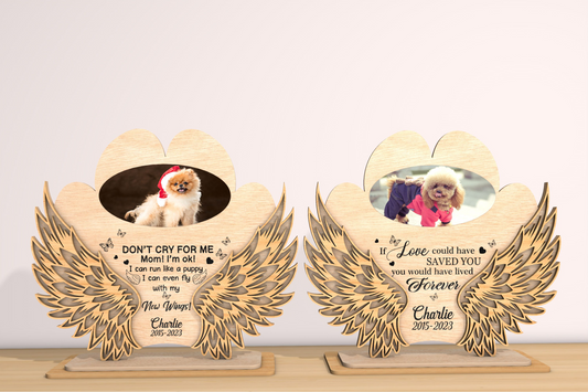 Personalised dog memorial angel wings plaque with photo and wooden stand