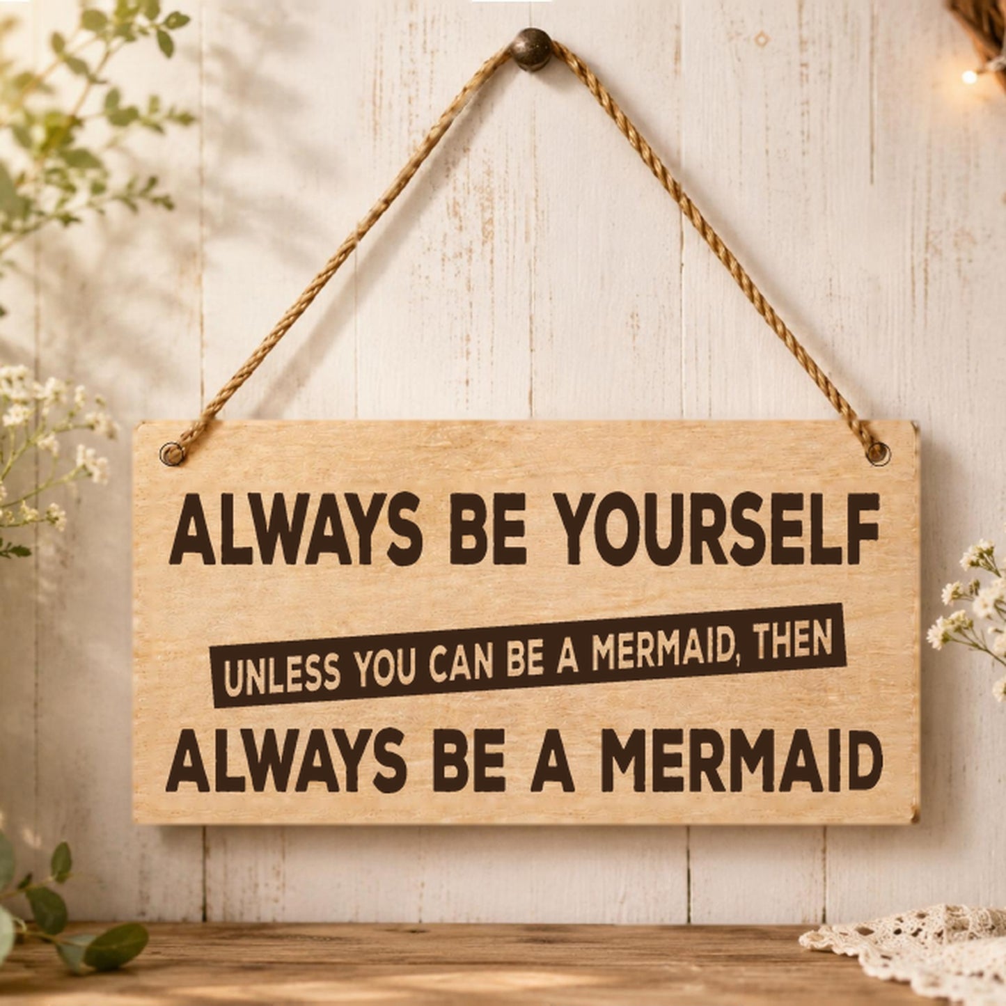 Always Be a Mermaid wooden plaque displayed in a bathroom setting