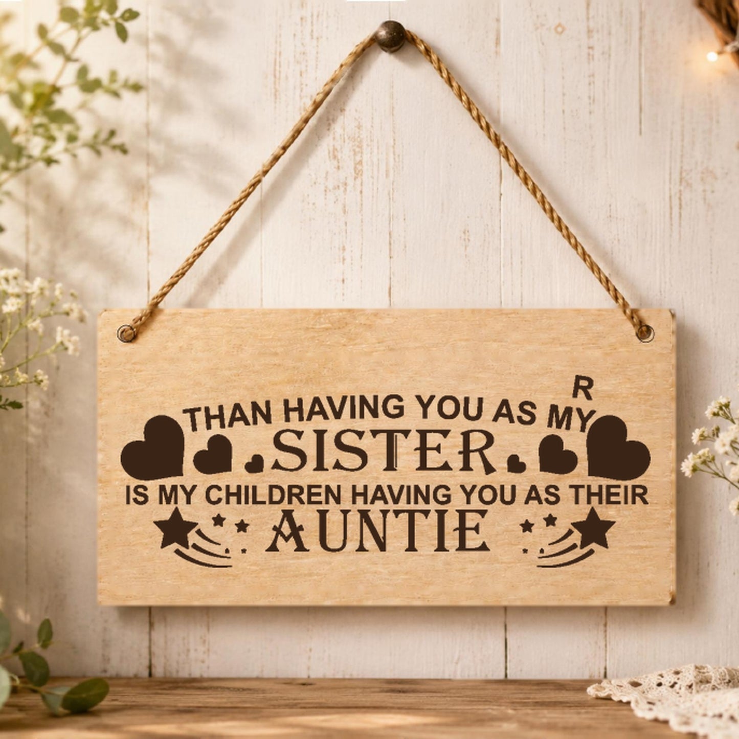 Auntie gift from sister wooden plaque displayed in a home setting