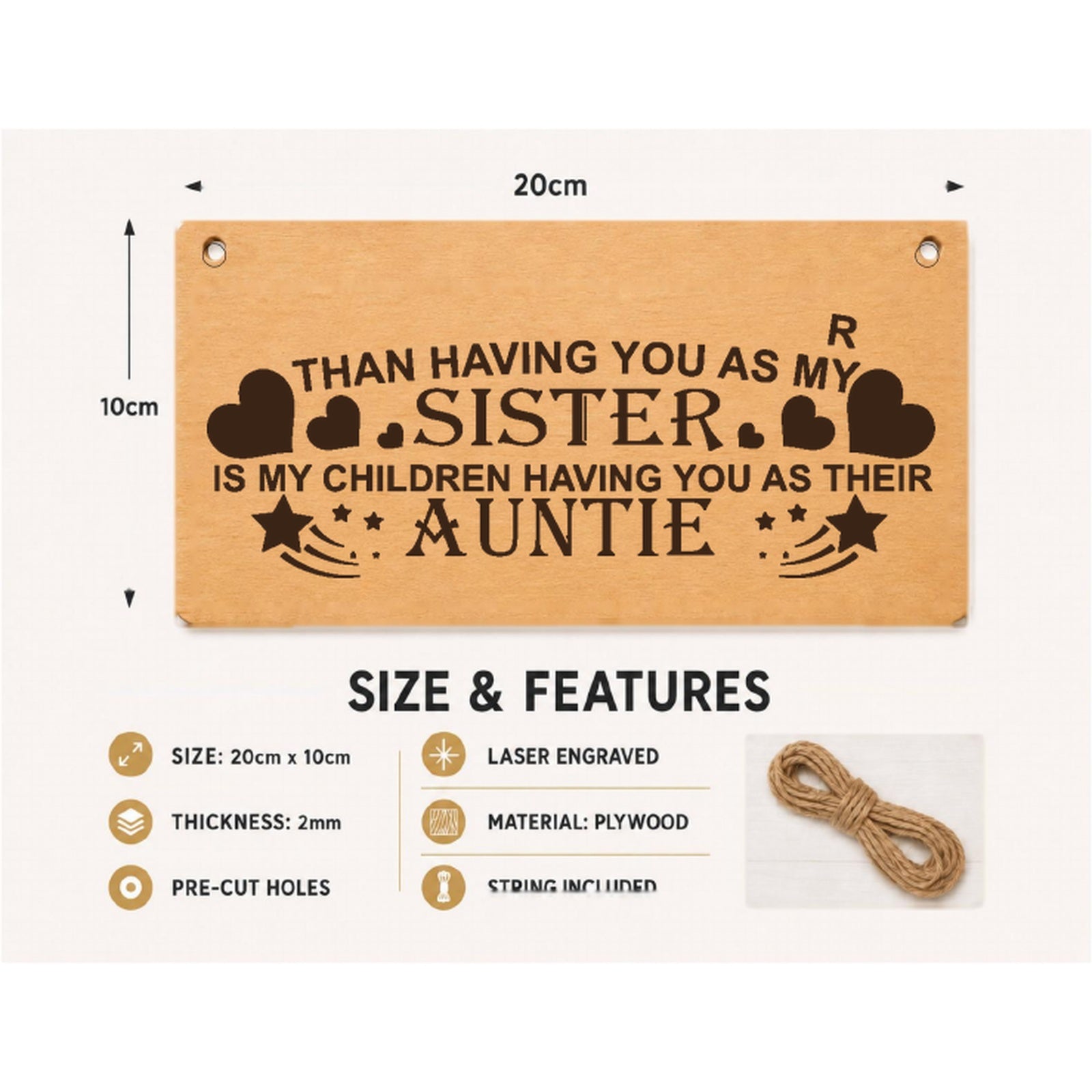 Auntie gift from sister plaque showing 20 x 10 cm size and product features