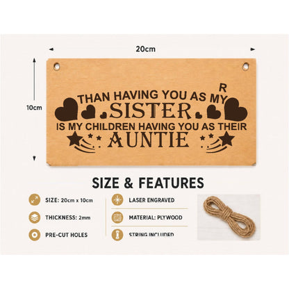 Auntie gift from sister plaque showing 20 x 10 cm size and product features