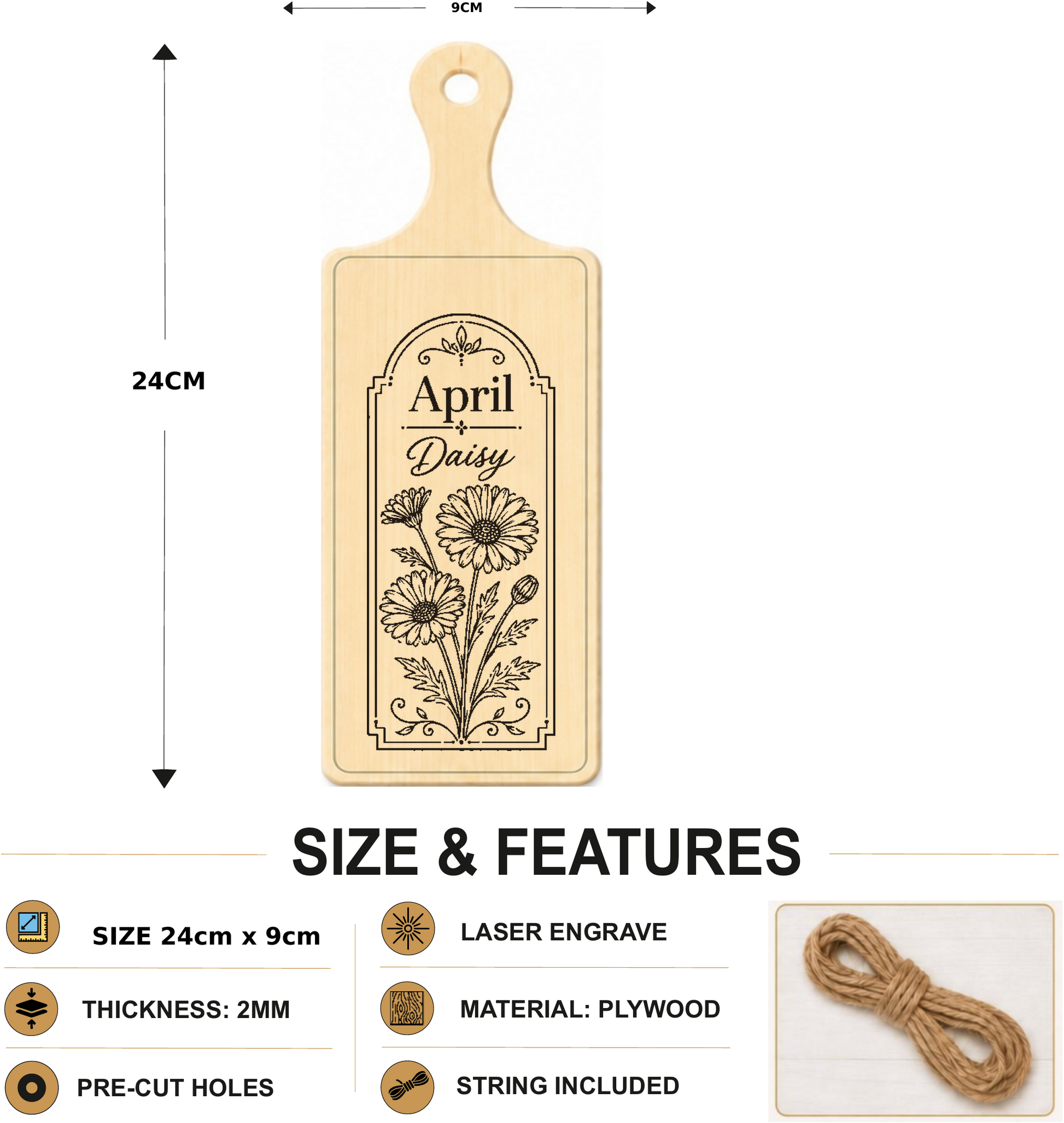 Birth flower wooden plaque showing size and product features