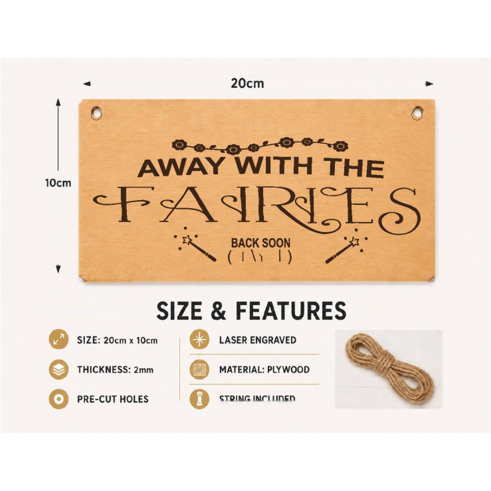 Away With The Fairies plaque showing 20 x 10 cm size and product features