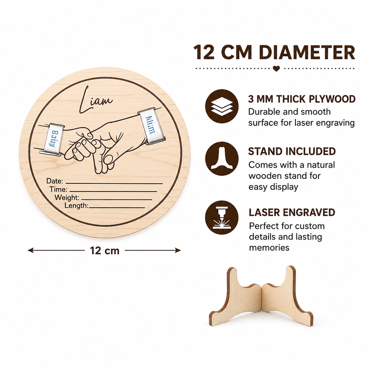 Birth details plaque size, material and stand information