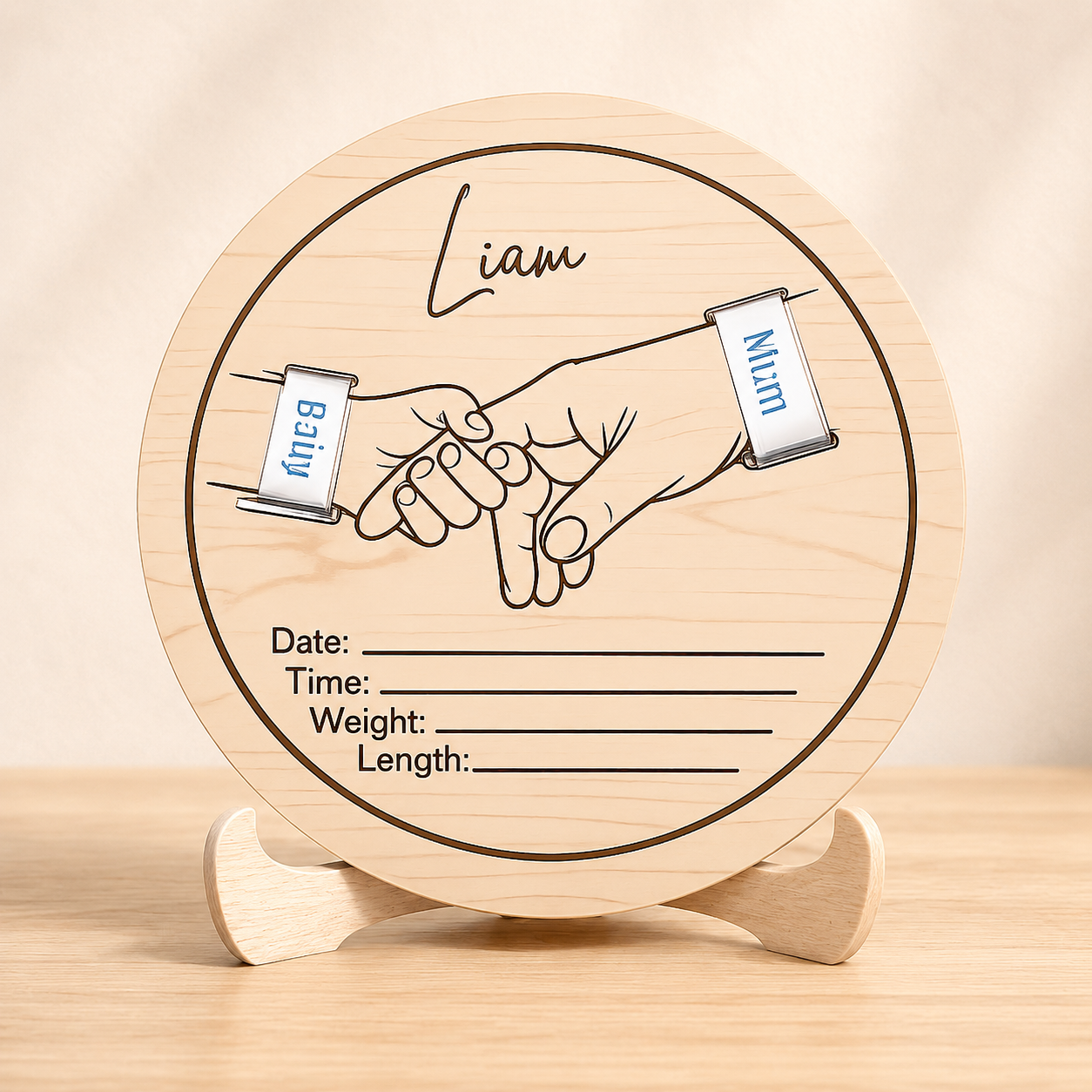 Personalised baby birth details wooden plaque with stand