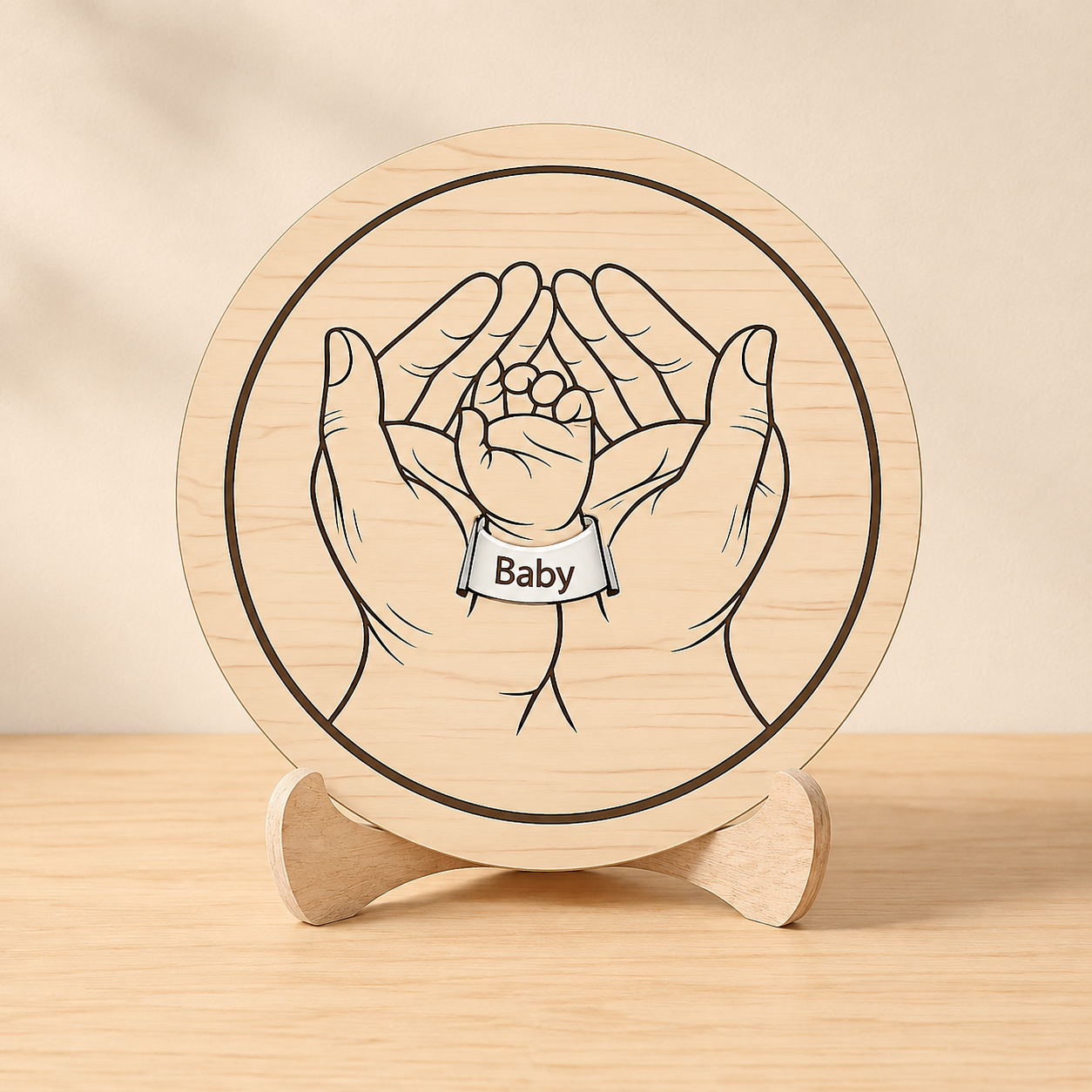 Personalised baby hands wooden keepsake plaque displayed on stand
