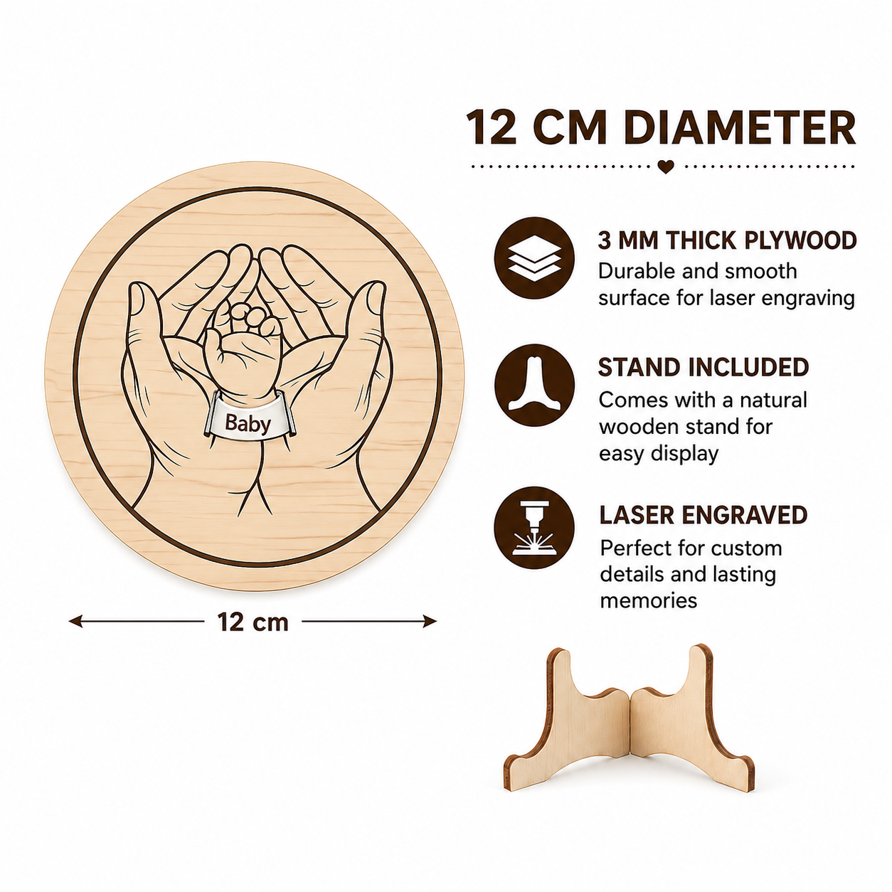 Baby hands plaque size, material and stand information
