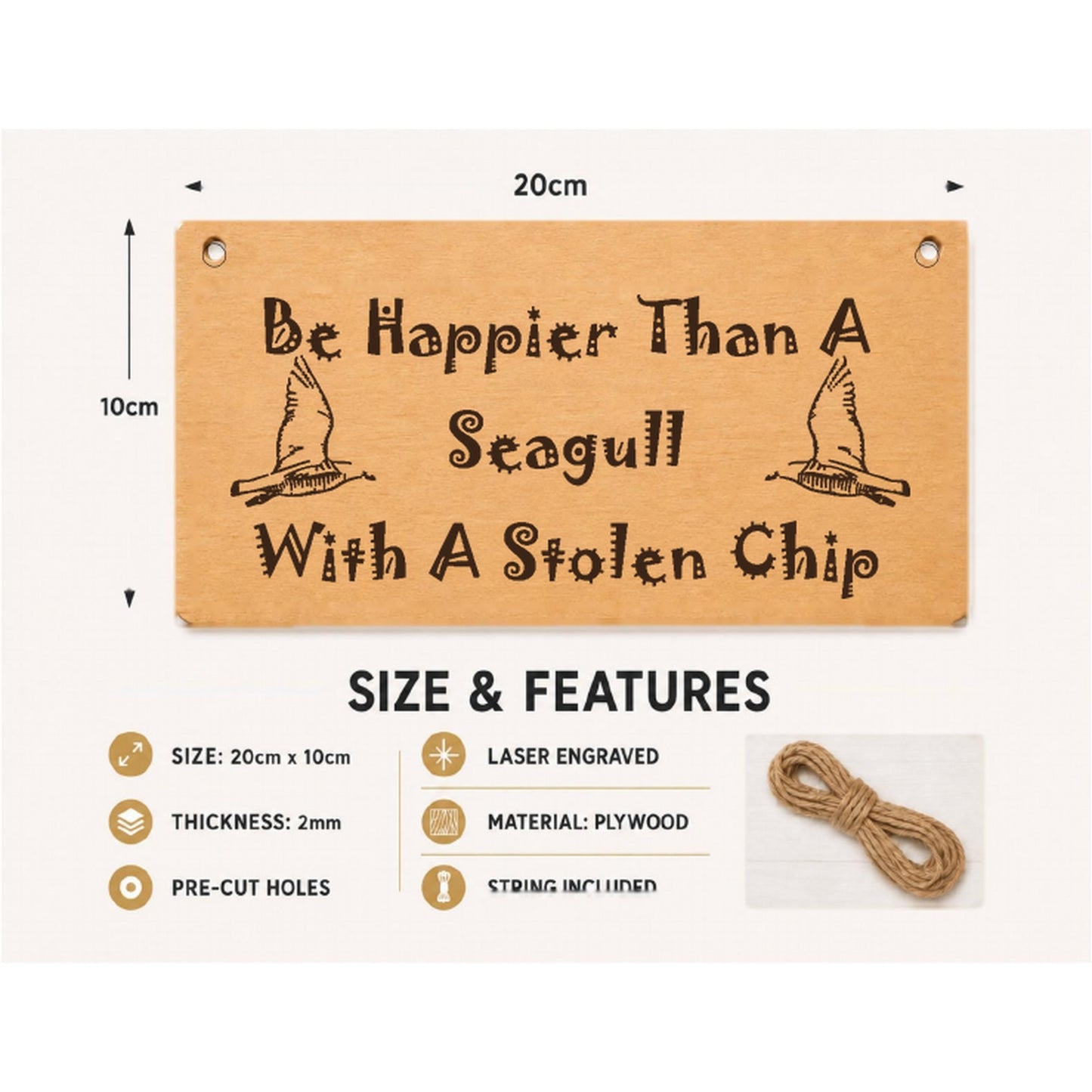 Happier Than a Seagull With a Chip plaque showing size and product features
