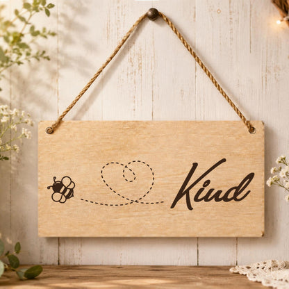 Bee Kind inspirational wooden plaque displayed in a home setting