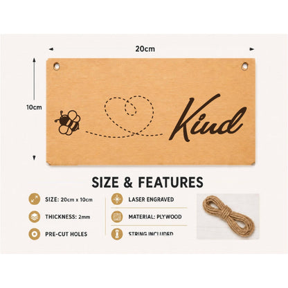 Bee Kind plaque showing 20 x 10 cm size and product features