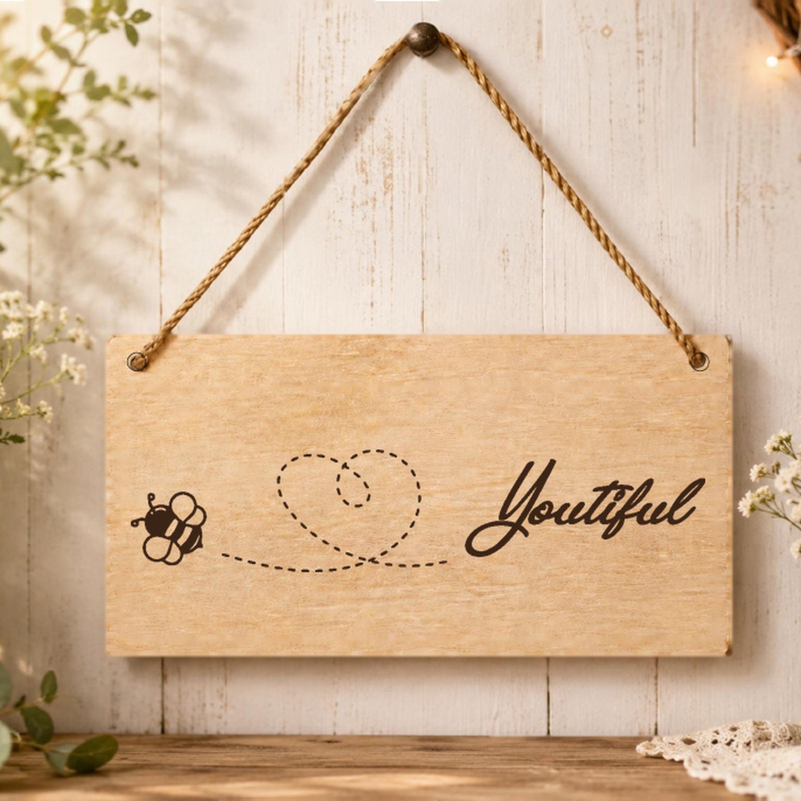 Bee Youiful positive quote wooden plaque displayed in a home setting