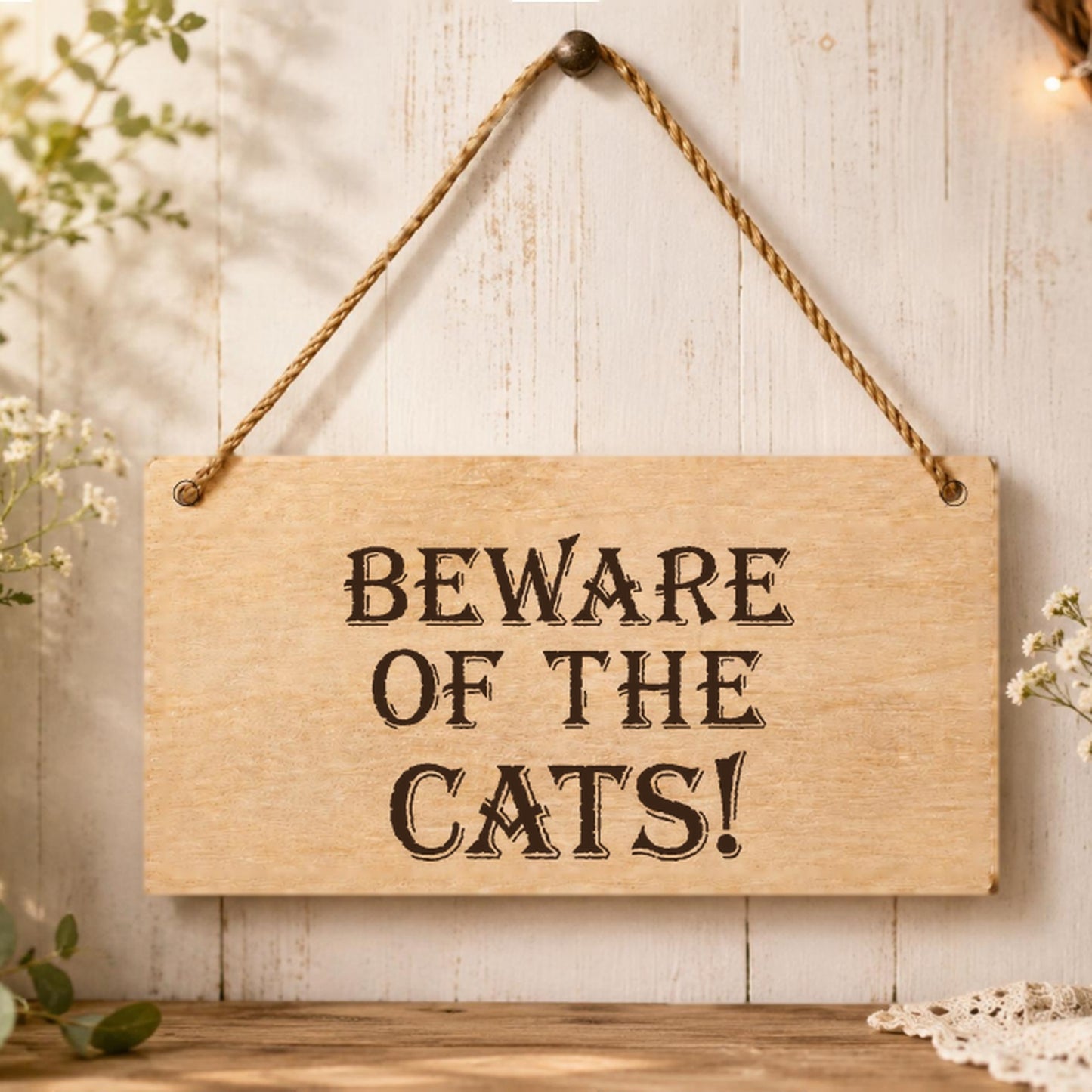 Beware of the Cats wooden plaque displayed in a home setting