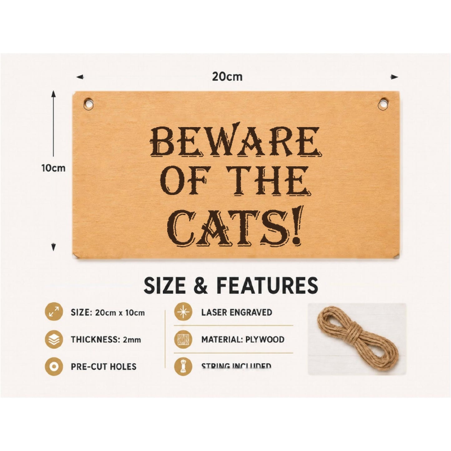 Beware of the Cats plaque showing 20 x 10 cm size and product features