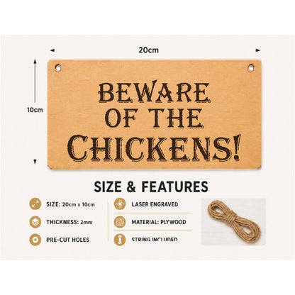 Beware of the Chickens plaque showing 20 x 10 cm size and product features