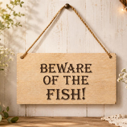 Beware of the Fish wooden plaque displayed in a fishing-themed setting