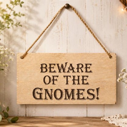 Beware of the Gnomes wooden plaque displayed in a garden setting
