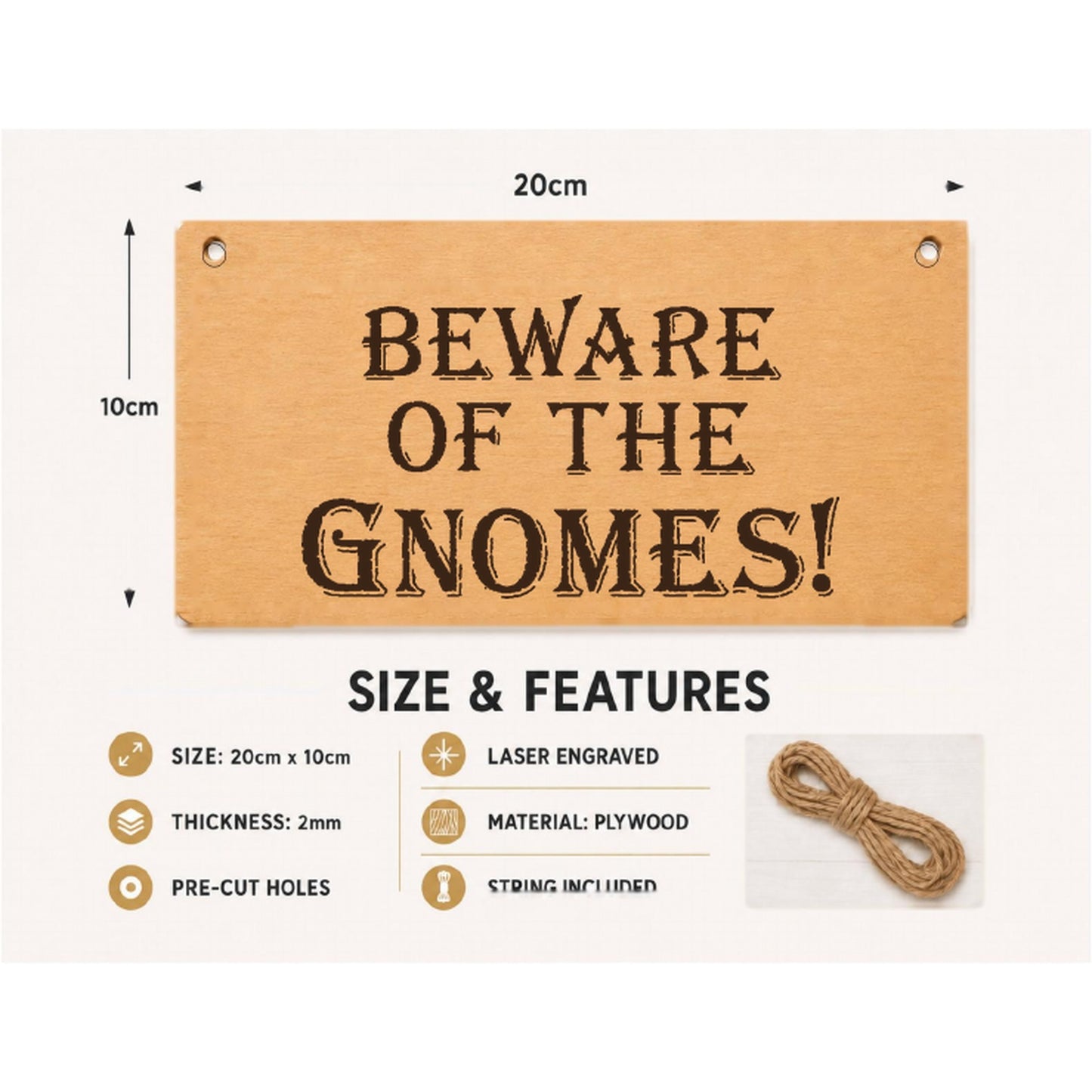 Beware of the Gnomes plaque showing 20 x 10 cm size and product features