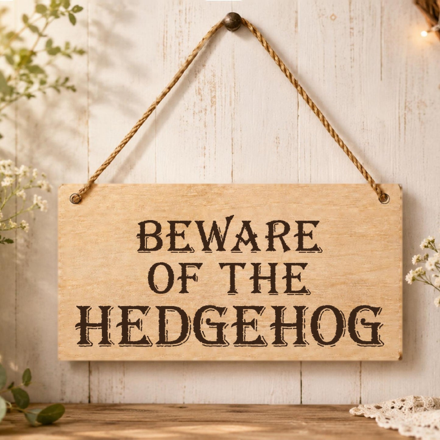 Beware of the Hedgehog wooden plaque displayed in a garden setting