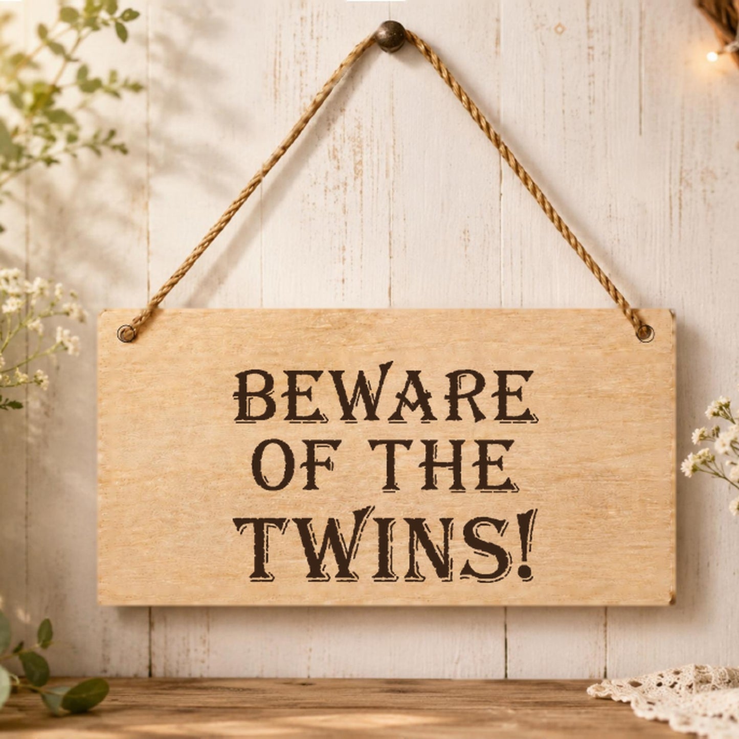 Beware of the Twins wooden plaque displayed in a family room setting