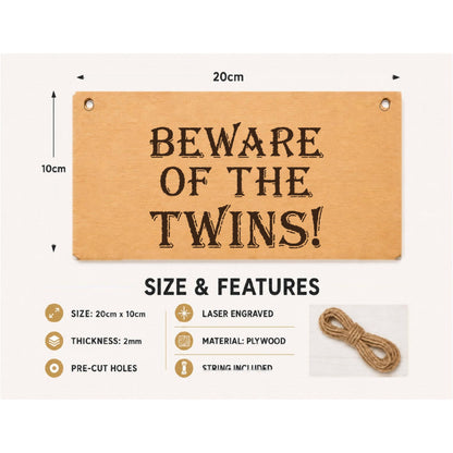 Beware of the Twins plaque showing 20 x 10 cm size and product features