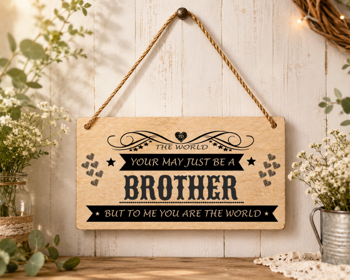 Laser Engraved Brother Plaque Gift – “To Me You Are The World” Wooden Hanging Sign 20cm